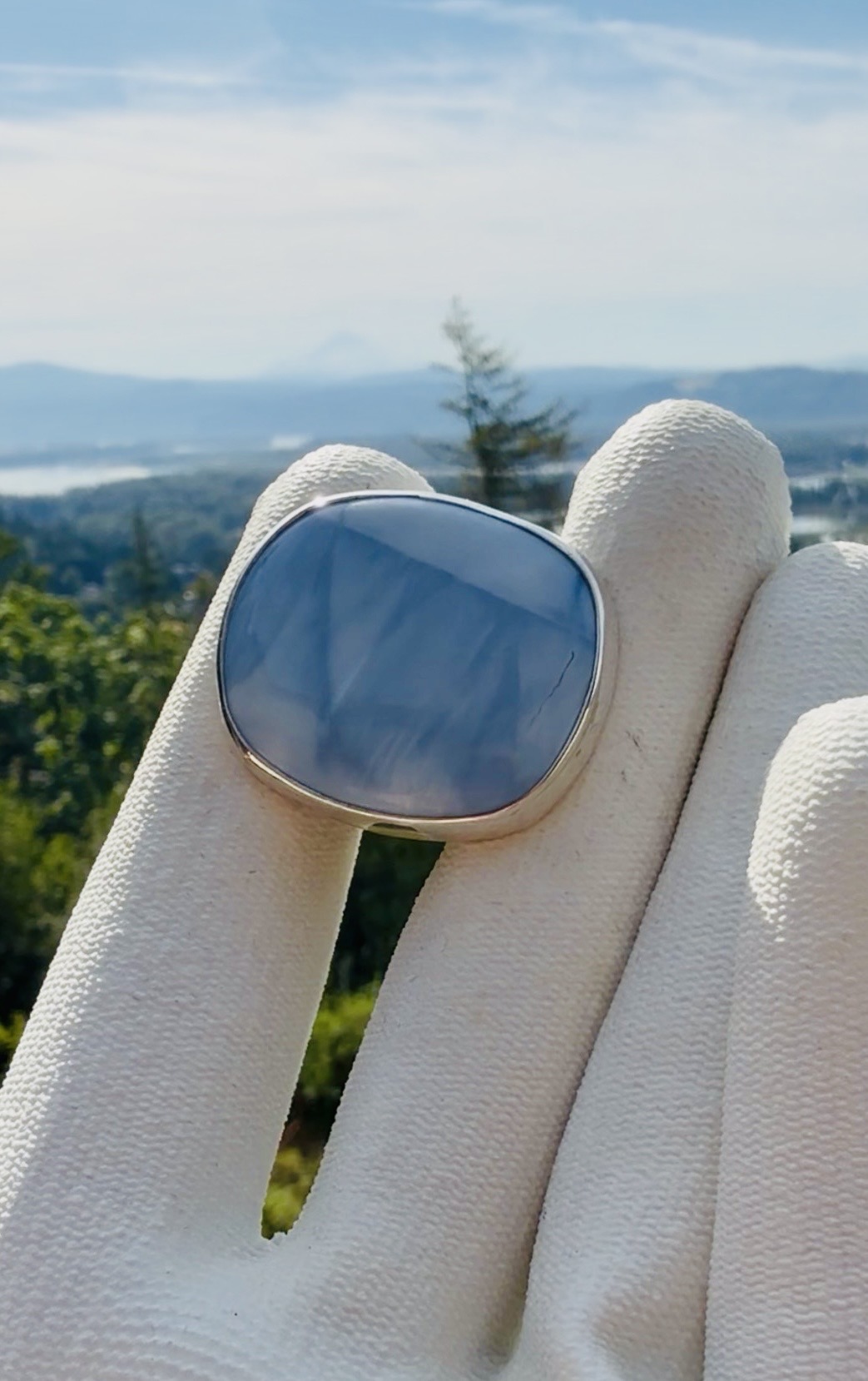 Large blue chalcedony ring in sterling silver bezel